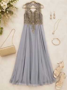 Basix Black Label Silver Evening Dress with Gold Embellishment 4